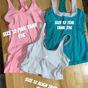 Lululemon Lot-  Pink, Teal, and white Tanks Size 12
